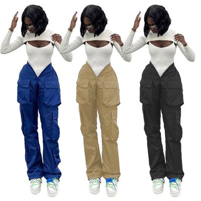 China 2022 Hot Selling Logo Loose Stacked Joggers Custom Anti-Wrinkle V Cargo Sportswear Tracksuit Cut Out Pants With Side Pockets Pant Knickers Fashionable Women for sale