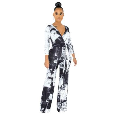 China 2021 high quality viable new style tie-dye v-neck lace-up waist women's long sleeve jumpsuit for sale