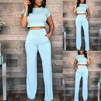 China Hot Sale QUICK DRY Women Round Neck Sky Blue Umbilical Short Sleeve Casual Suit for sale