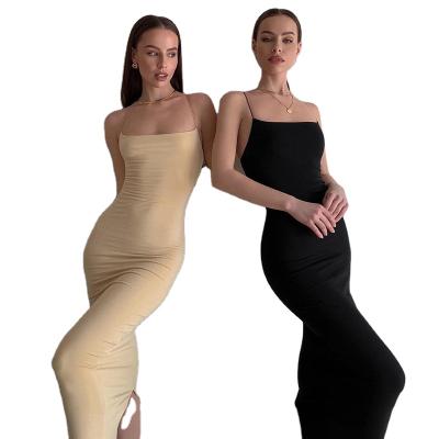 China Hot Selling Solid Color Sling Evening Slim Split Daily Dress Women Breathable Dress for sale