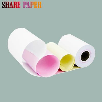 China 100% virgin wood pulp 76x70mm carbonless paper 2ply white/yellow chemical paper rolls blue image used in cash register machine for sale