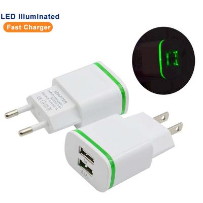 China Wholesale Bulk Mobile Phone 2022 Green Led Light Home Dual Port 5v2.1a Mobile Phone Usb Fast Wall Charger For Samsung for sale