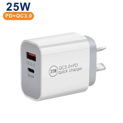 China Mobile Phone Wholesale 25W USB Wall PD Charger AU Australia Plug Type-C Travel QC 3.0 Fast Charging Charger for sale