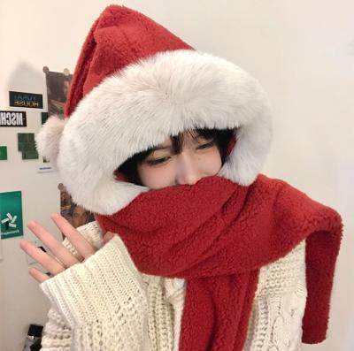 China Lovely Winter Warm Thick Plush Long Plush Pom Red Christmas Hat Scarf Gloves Set for sale