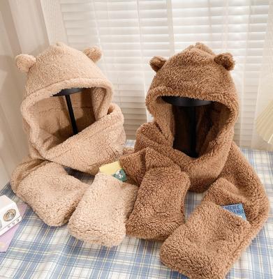 China New Style Medium Winter Teddy Bear Ear Hat Scarf Gloves Thick Warm Set for sale