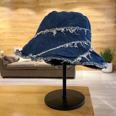 China High Quality Image Summer Vacation Stitched Denim Distressed Fringed Fisherman Bucket Hat for sale