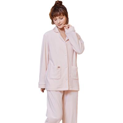 China QUICK DRY solid color flannel ladies simple pink long-sleeved V-neck new women's autumn and winter pajamas home service for sale