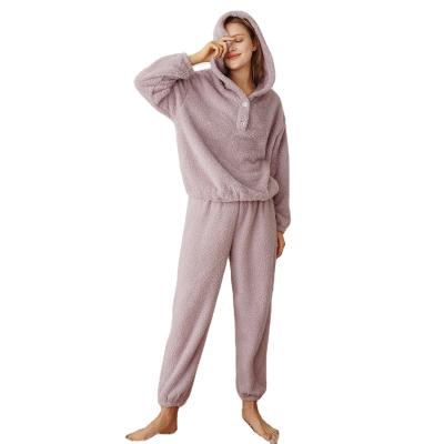 China QUICK DRY Purple Hooded Single Row Button Long Sleeve Sweater Ladies Pajamas Winter Two Piece Home Wear for sale