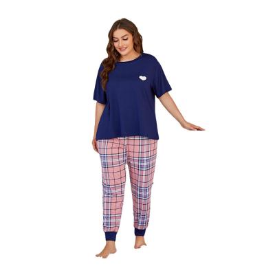 China QUICK DRY Love Ladies Home Service Printing Grease Plus Size Pajamas Round Neck Short Sleeve Pants Two Piece Home Wear Suit for sale