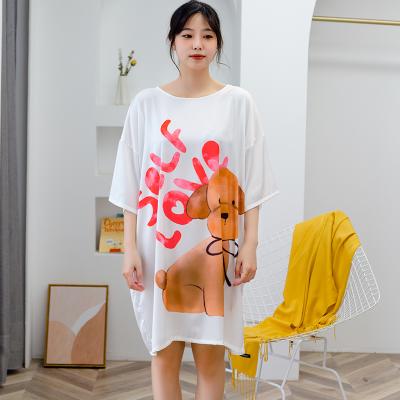 China QUICK DRY Cute Chiffon Satin Summer Pajamas Ladies Big Round Neck Skirt Protect Print Bear Pattern Cartoon Nightgown for sale