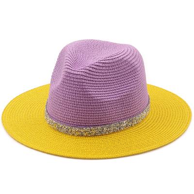 China Men's and women's British style outdoor travel sunscreen large-spilled sun striped hat stitching two color Panama jazz straw hat for sale