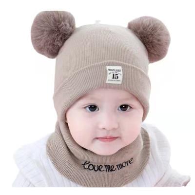 China COMMON warm two-piece suit baby cloth label cute cartoon bear fur ball knitted hat scarf two-piece suit for sale