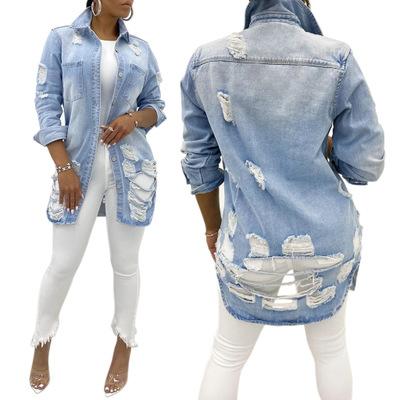 China hot sale Anti-wrinkle denim jacket for women ladies long plus size blends wool lining hole squishy jeans for sale