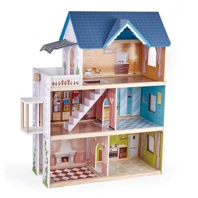 China Educational DIY TOY Pretend Role Play DIY Toy Big Kids Wooden Doll House Villa with Doll Room Furniture Dollhouse for sale