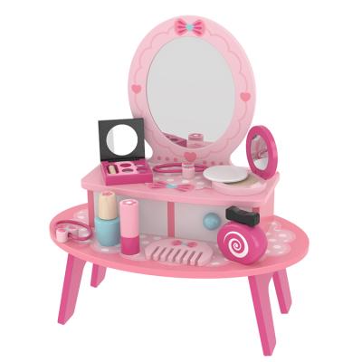 China Colorful Wooden Dressing Table Kids Shape Toys Kids Pretend Makeup Set Dresser With Mirror Toy for sale