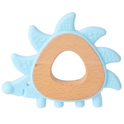 China New Design Food Grade Silica Gel Baby Sensory Teether Toys Click Ring Kids Soft Silicone Baby Hedgehog Teether Wooden Toys Bpa Free for sale