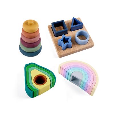 China Silicone ODM Silicone Stacking Stacker Toy Baby Silicone Teething Toys Rainbow Block Geography Silicone for sale