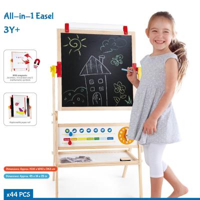 China All-in-1 Double Sided Art Wooden Standing Menu Chalkboard Baby Easel Solid Wood Educational Toys With Roll Paper for sale