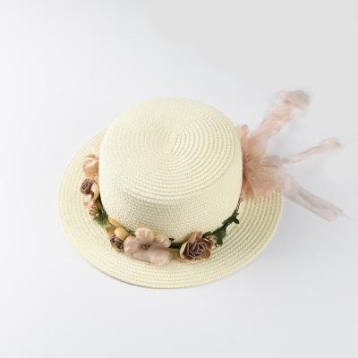 China Fashion Striped Women's Sun Straw Hat Raffia Beach Straw Summer Flat Hat Top for sale