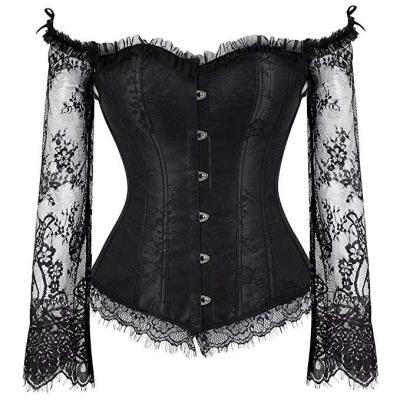 China Gothic Victorian Boned Bustier Waist Trainer Corpetes Women Long Sleeve Breathable Vintage Lace Corset Top Waist Trainer for sale