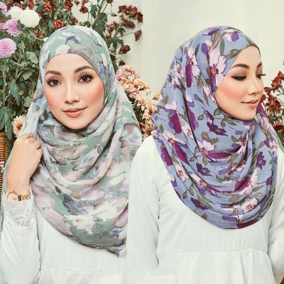 China 2022 New Fancy Design Malaysia Women's Long Muslim Turban Soft Shawl Printed Flora Mini Pleated Chiffon Hijab for sale