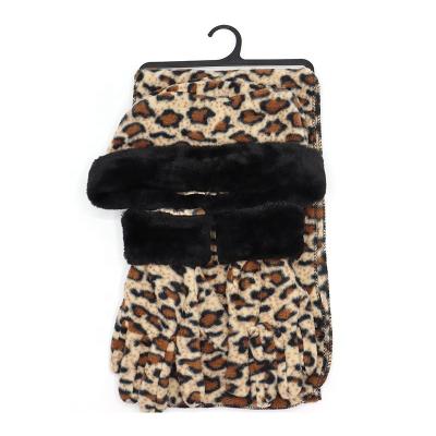 China Wholesale custom winter long logo polyester fleeceJacquard leopard scarf hat glove sets for outdoor for sale