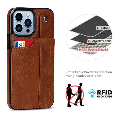 China Shockproof Portable Leather Cell Phone Case For iPhone 13 Pro Max Protective Card Holder Case With Strap for sale