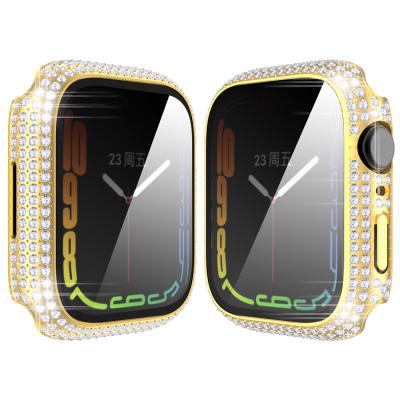 China Full Diamond Shockproof Watch Case For Apple Watch 7 44mm Luxury Bling 45mm Watch Protective Shell With Tempered Glass for sale