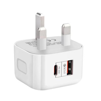 China Hot Sale 3PIN R-U Amazon Cell Phone USB Dual Port Travel Plug Power Adapter A+C QC3.0 20W Palladium Smart Wall Charger Quick Charger C For Android Phone iPhone for sale