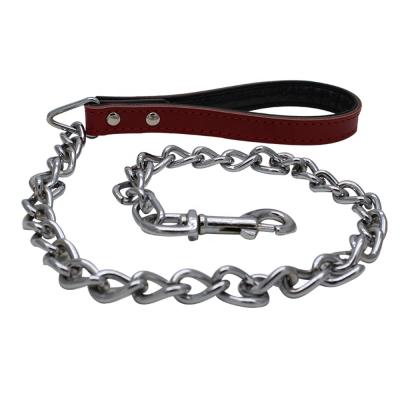 China Durable Large Dog PU Handle Anti Bite Metal Dog Chain Leather Leash for sale