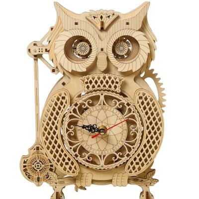 China Eco-friendly Laser Cutting custom wood 3d puzzle Mechanical Gears Owl clock  girf Laser cut  Assemble puzzle for sale