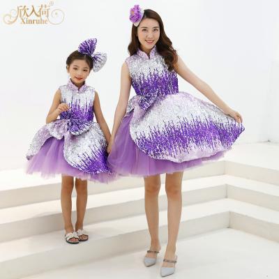 China Custom parent-child purple sequin Anti-wrinkle wedding apparel accessories style host girls piano performance short shooting dress for sale