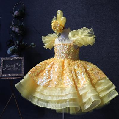 China Anti-wrinkle children's birthday for women yellow gold short princess dress girls fashion flower for sale