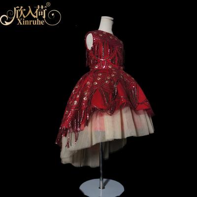 China Anti-wrinkle Children's Dress Red Front Short Back Long Personality Tassel Girls Piano Host for sale