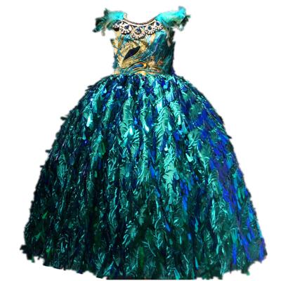 China new Anti-wrinkle girl dress for party performance Chinese style peacock pompous skirt hosted runway dress sequins green for sale