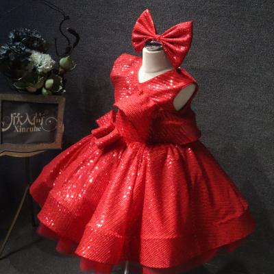 China Bright Red Knee Style Anti-wrinkle Girls Easter Wear Girls Dress Sequin Show Host Shiny Model Princess 61 Group PerformanceGirls Dresses for sale