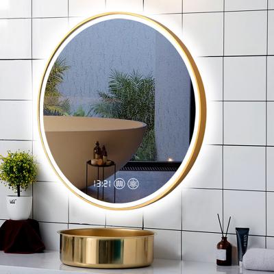 China Backlit Illuminated Touch Screen Round Glass Bathroom Vanity Mirrors Smart Fogproof Wall Lead Bath Mirror With Gold Led Light Bathroom Mirror for sale