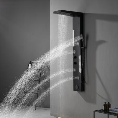 China Sliding Barless LED Lighting Wall Mounted Smart Thermostatic Bathroom Shower Black Panel With Blue Tooth for sale