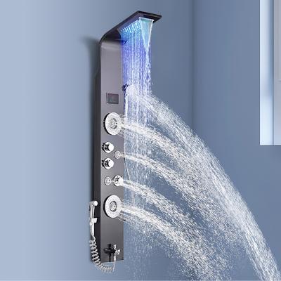 China Without Sliding Bar Wc Toilet Rain Shower Tower System Bathroom Wall Mount Luxury Shower Column Set Black Stainless Steel Led Shower Panel Waterfall for sale