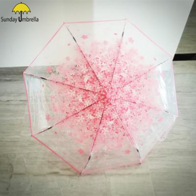 China SUNDAY Ladies 3 Folding Umbrella Parasol Pink Flowers Transparent Umbrella for sale