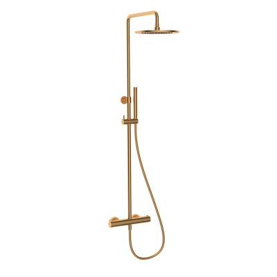 China Brushed Rose Gold Modern Thermostatic Brass Exposed Shower And Bath Mixer Faucet With Rain Shower And Hand Shower Set for sale