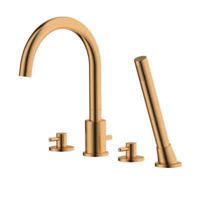 China Without Slide Bar Swept Rose Gold Round Deck Mounted Bathroom 4 Holes Bathtub Hand Shower And Shower Faucet And Spout Set for sale