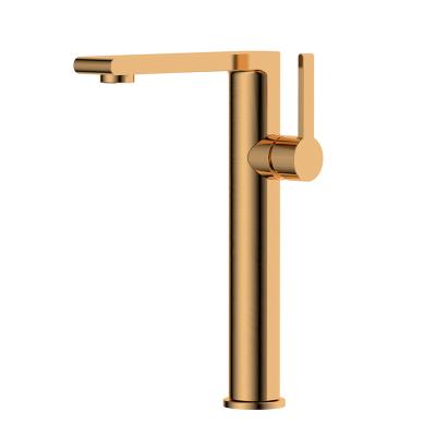 China Metered Faucets Brushed Rose Gold Square Mixer Basin Water Faucet Brass Single Lever Deck Mounted Tall Bathroom for sale