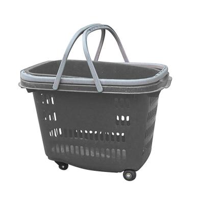 China 1)Supermarket 2)Stores Guangzhou DEDUOHE PW615 Supermarket Plastic Shopping Basket With Wheels Gray Color Handle Trolley Plastic Baskets With Wheels for sale