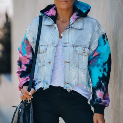 China Hot Selling Color Matching QUICK DRY QUICK DRY Tie Dyed Fringed Ripped Denim Women Jacket for sale