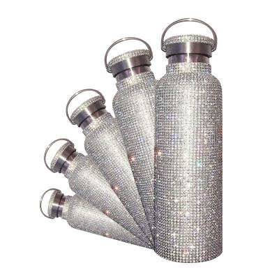 China 750ml 500ml Travel Drinking Water Mouth Vacuum Flask Thermos Stainless Steel Wide Stocked Outdoor Silver Glitter Diamond Water Bottle for sale