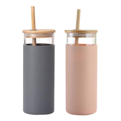 China Single Layer Glass Tumbler With Silicone Case Reusable Wholesale Custom Gift Bubble Milk Tea Boba Taza Viable With Lid And Wooden Straw for sale