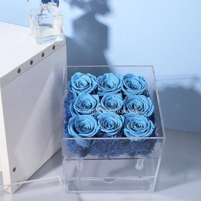 China Wholesale Beautiful Colorful Preserved Rose Acrylic Box With Jewel Durable Drawer Preserved Roses Flower for sale