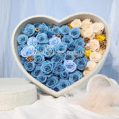 China Beautiful Colorful High End Girl Gift Love Forever Multiple Colors Preserved Flower Roses In Heart Shaped Box for sale