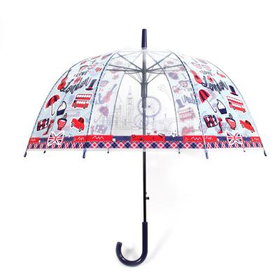 China Hot Sale Promotional Hanging POE Cloth England Style London Transparent Umbrella With Custom Print for sale